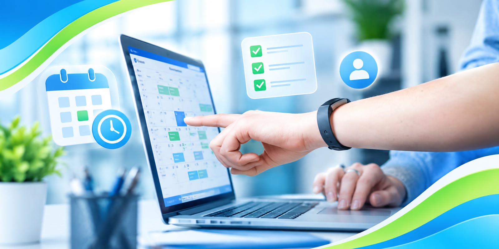 Professional booking appointments on a laptop with a wall calendar